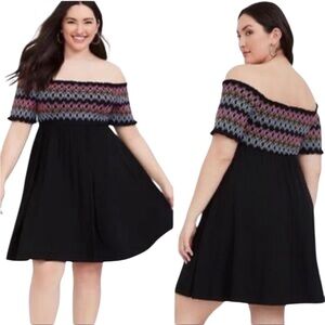 Torrid Black Embroidered Smocked Skater Jersey Dress - Size 5